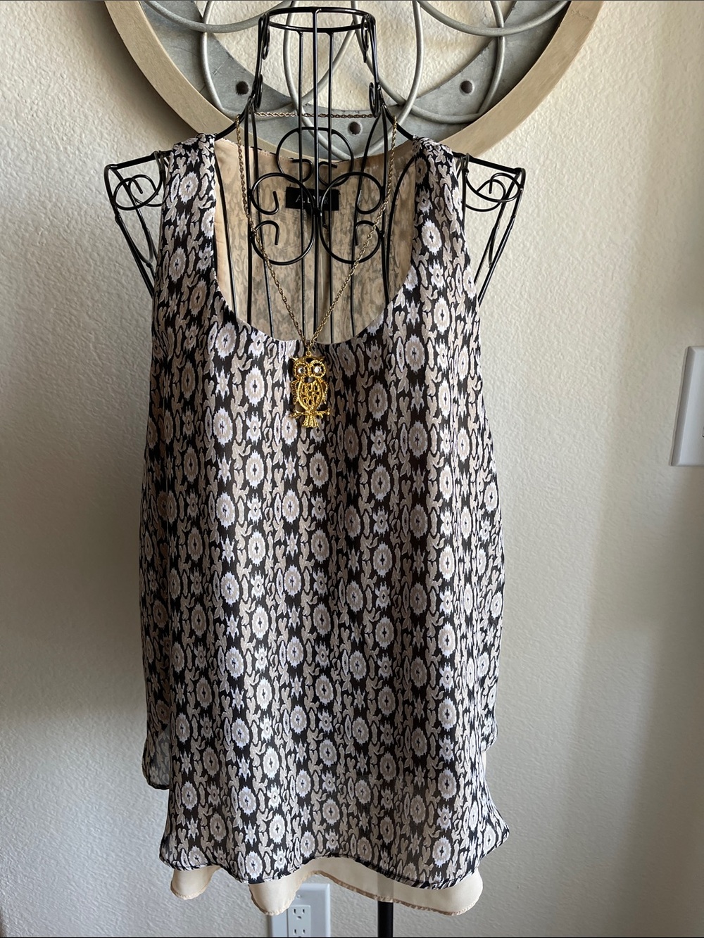 A. Byer Black and Cream Floral Sleeveless Scoop Neck Top